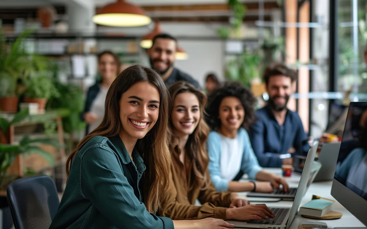 Team di giovani professionisti in riunione, simbolo di inserimento lavorativo e orientamento al futuro